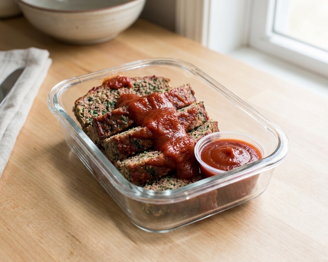Sliced meatloaf stacked in a glass meal prep container with a small cup of extra glaze, sitting on a clean kitchen counter