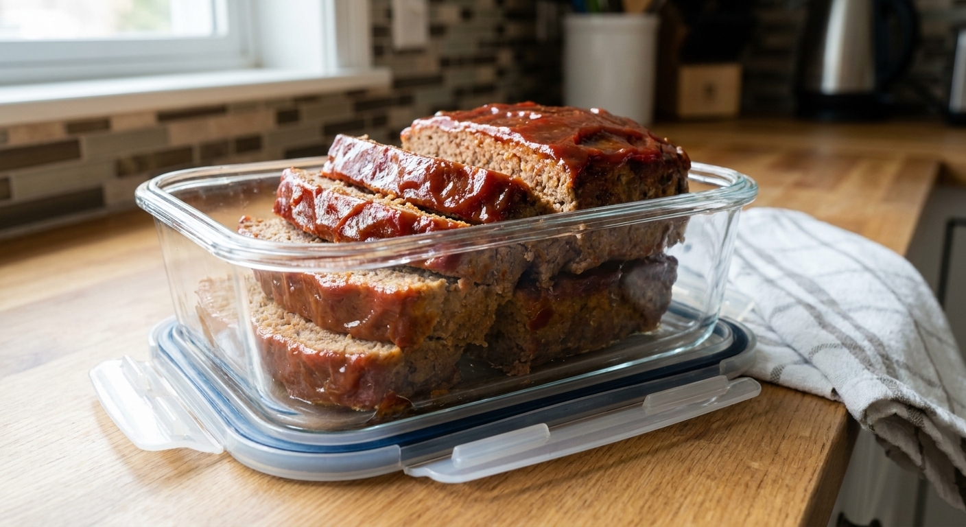 Sliced meatloaf stacked in an airtight glass container with a glossy glaze, ready for refrigeration, realistic food storage photo