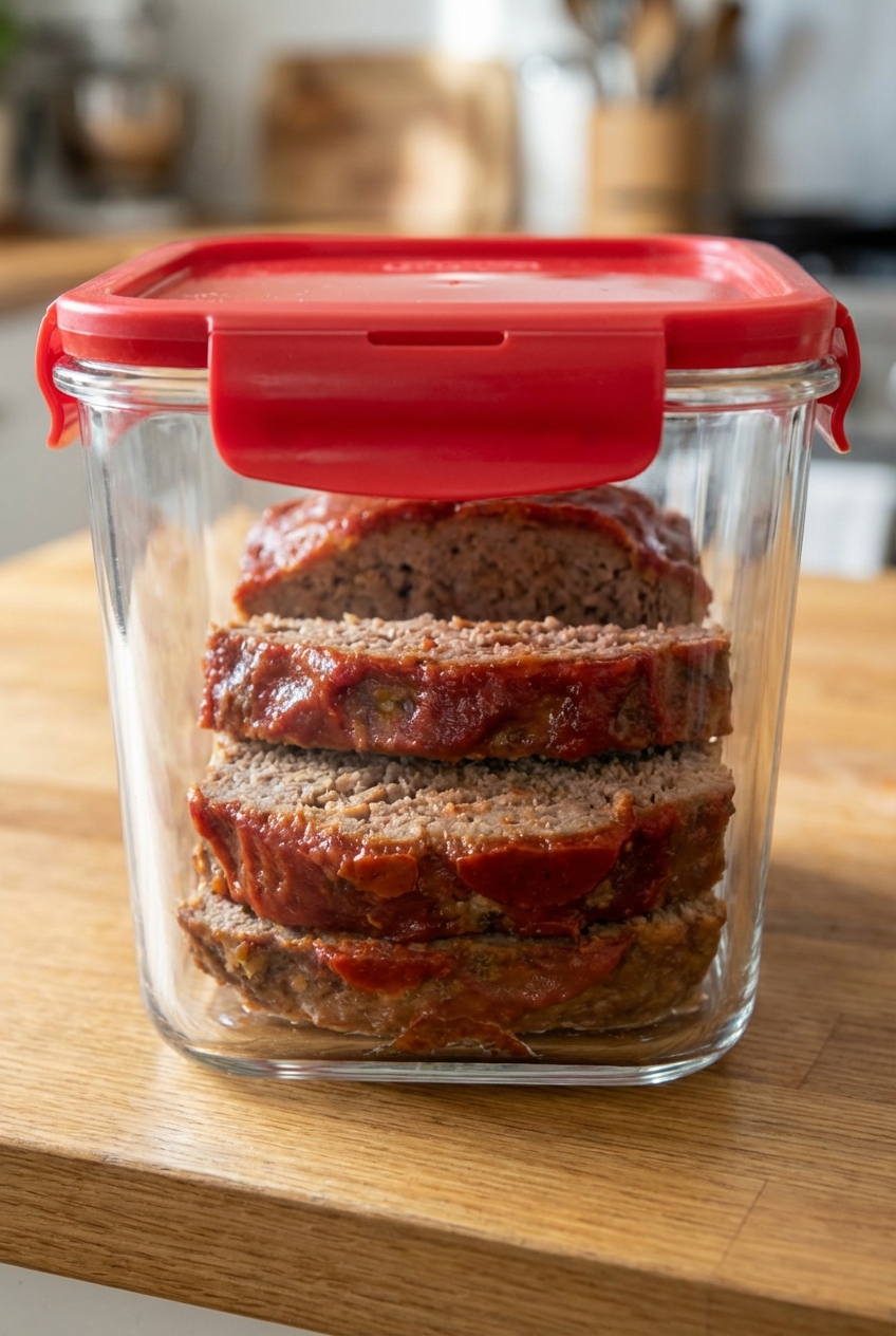 Sliced meatloaf stored in a glass container with a snap-on lid