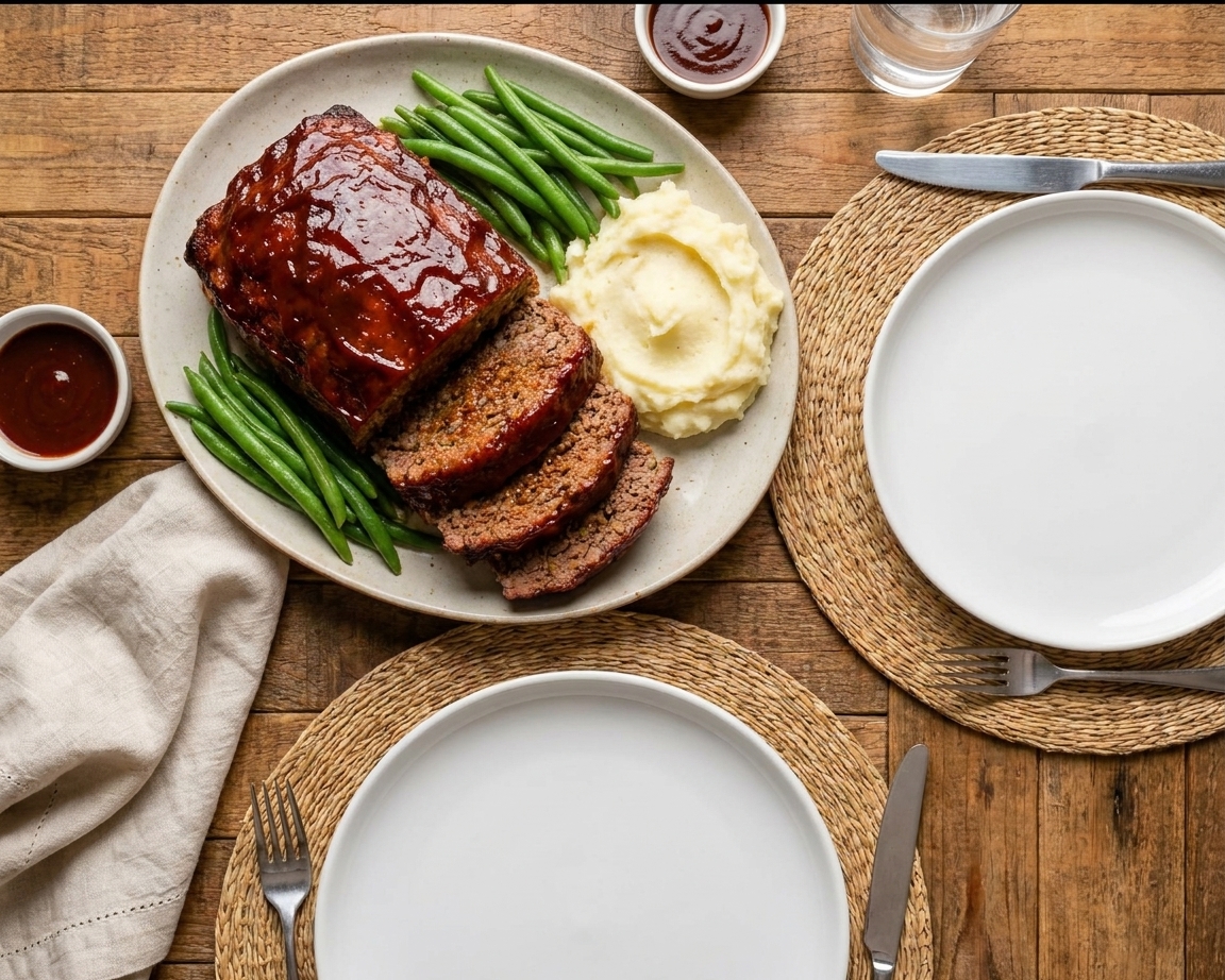 Sliced meatloaf with a shiny glaze on a serving platter on a dining table with simple plates and utensils