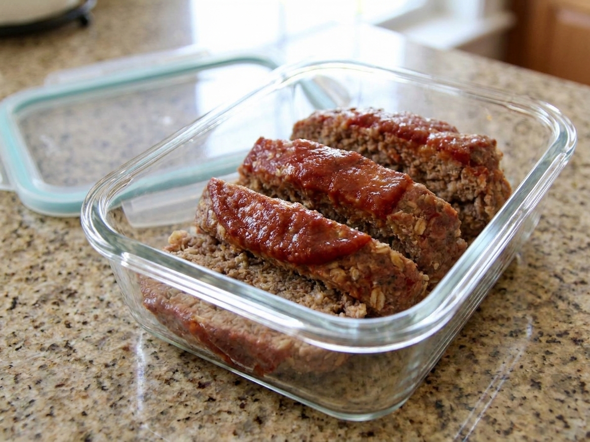 Sliced meatloaf with glaze stacked in a glass storage container on a kitchen counter with a fitted lid nearby