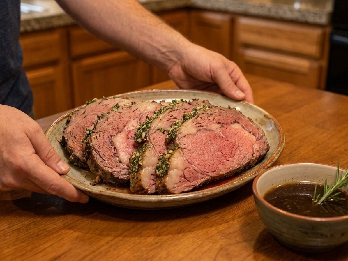 Sliced medium-rare prime rib fanned on a serving platter with a small bowl of au jus on a dinner table