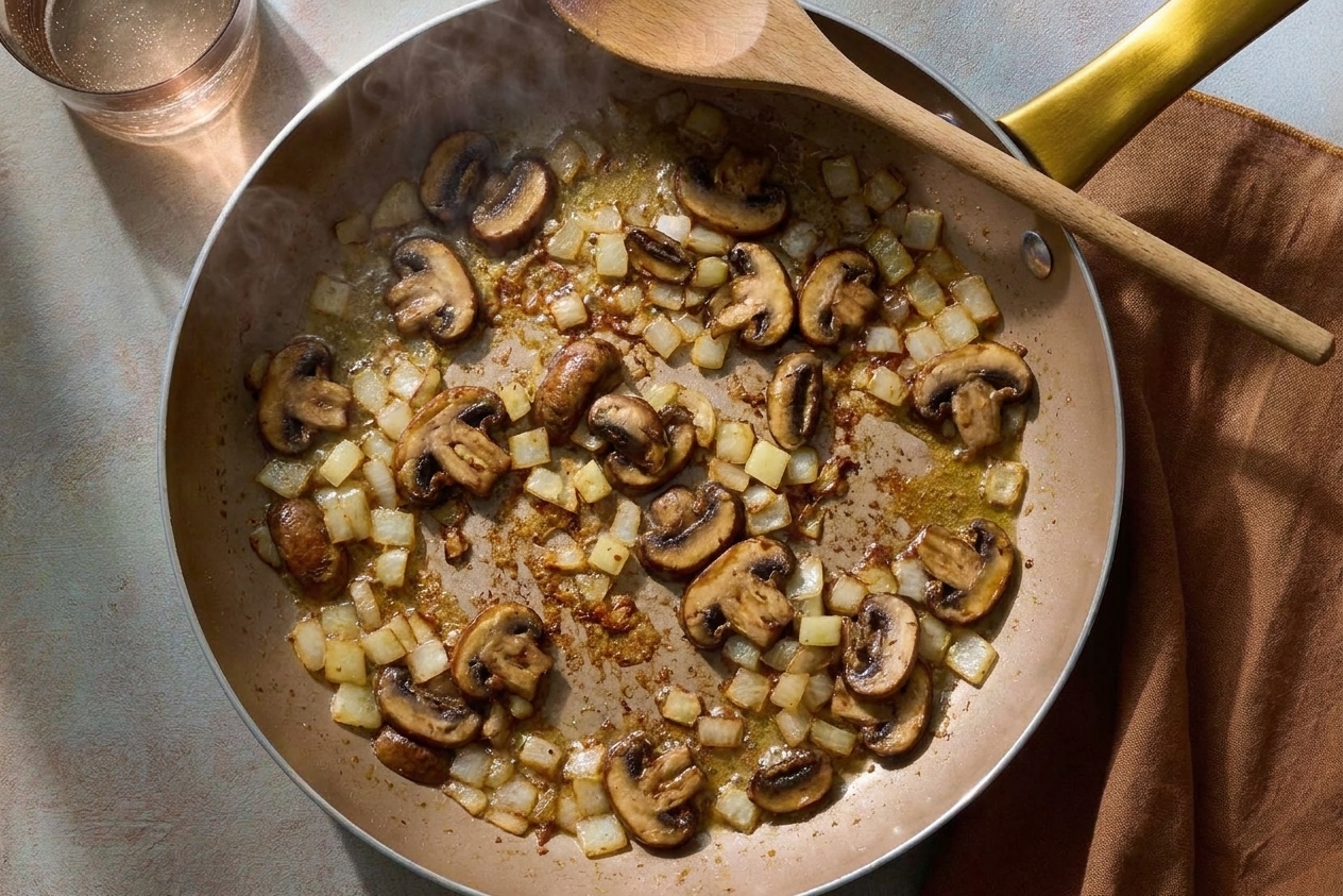 Sliced mushrooms and diced onions sautéing in a skillet with browned bits on the bottom