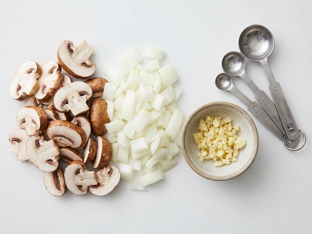 Sliced mushrooms and onions beside minced garlic and measuring spoons on a bright kitchen counter