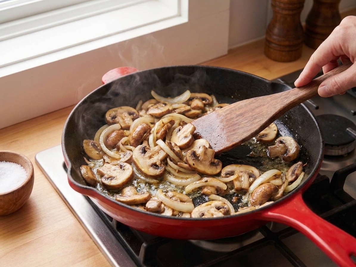 Sliced mushrooms and onions sautéing in a skillet until glossy and lightly browned