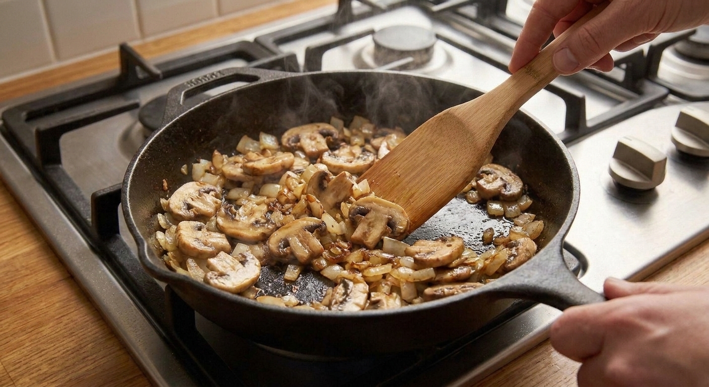 Sliced mushrooms and onions sautéing until golden in a skillet