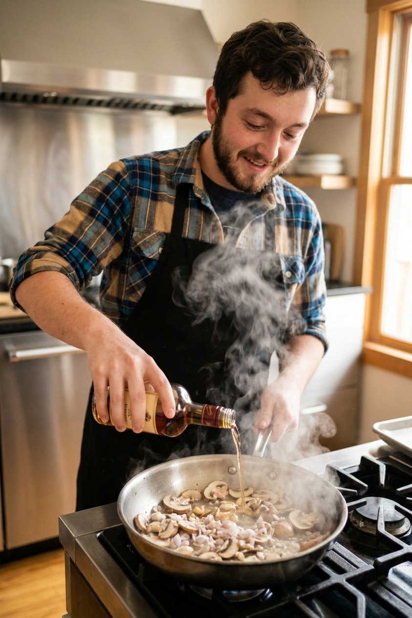 Sliced mushrooms and shallots in a stainless steel skillet as brandy is poured in to deglaze, with steam rising
