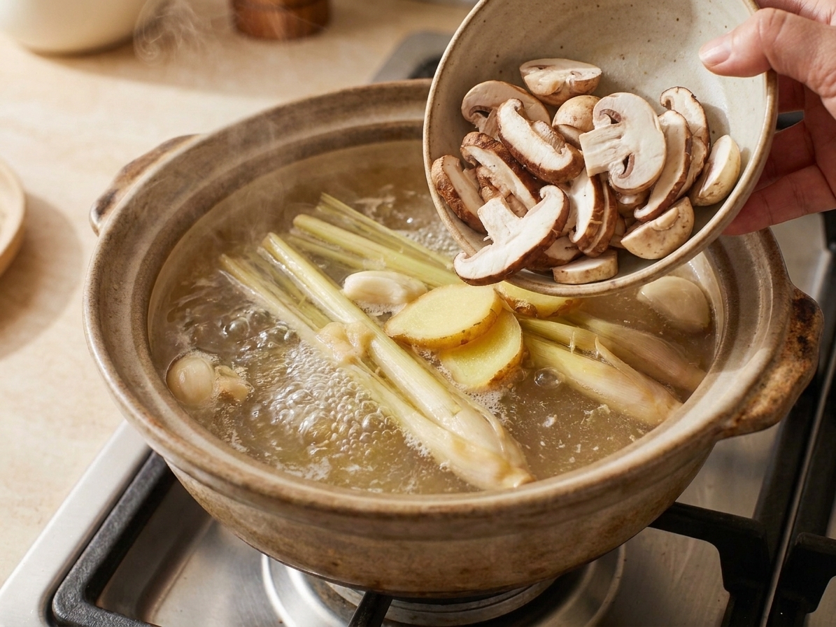 Sliced mushrooms being added into a simmering pot of Thai hot and sour broth on the stove
