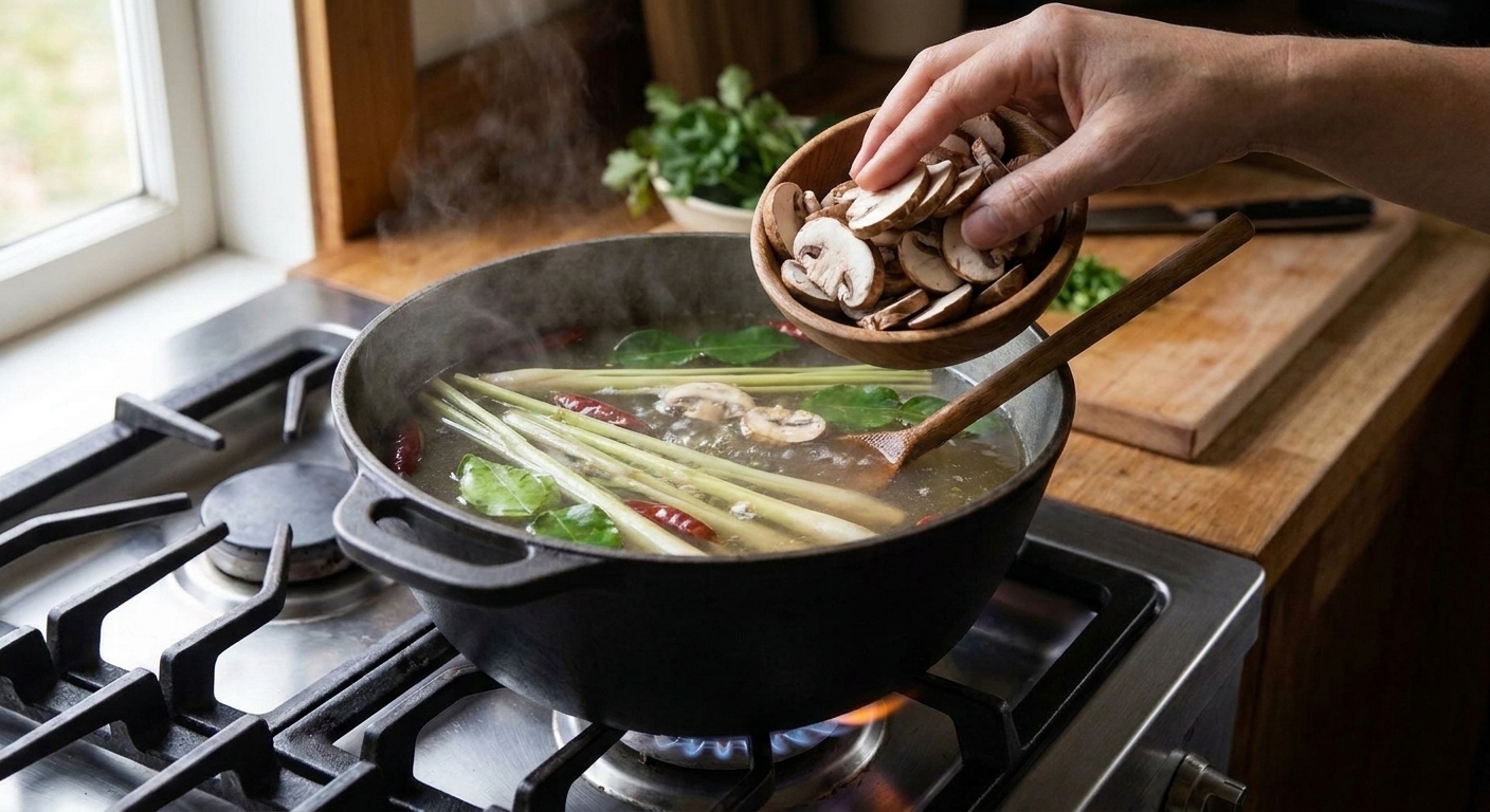 Sliced mushrooms being added into a simmering pot of aromatic broth on a stovetop