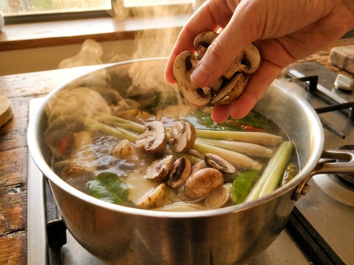 Sliced mushrooms being added to a simmering pot of aromatic broth on a stovetop