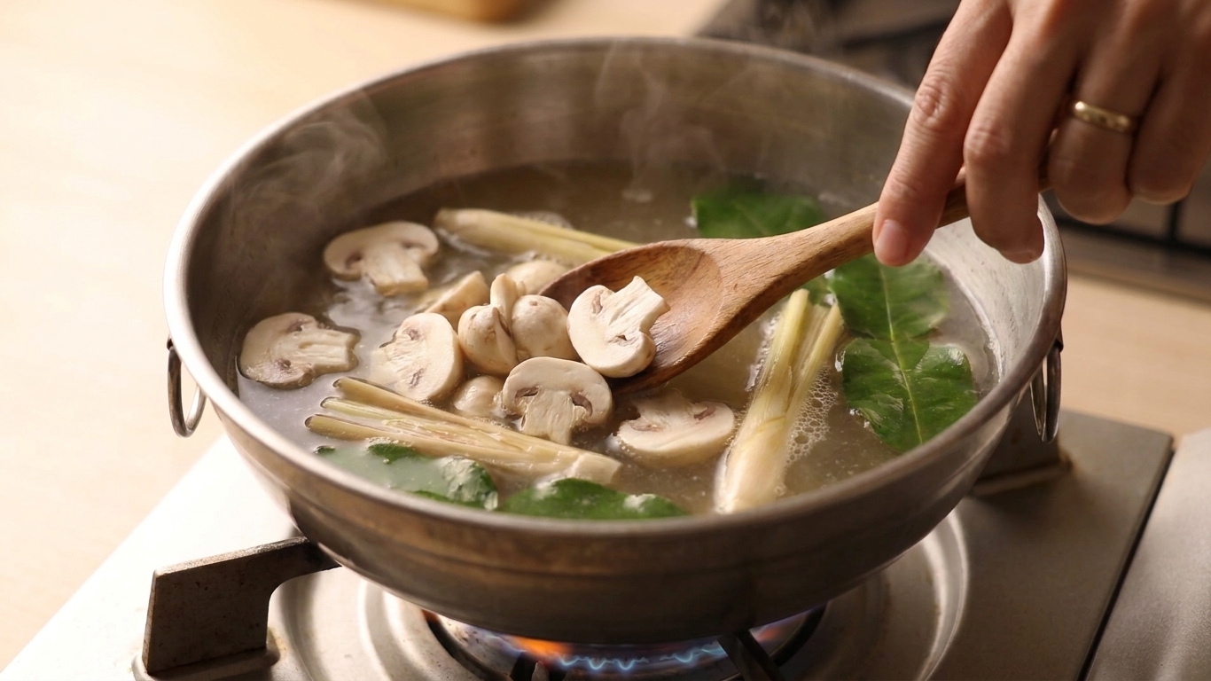 Sliced mushrooms being stirred into a simmering pot of aromatic broth on the stove