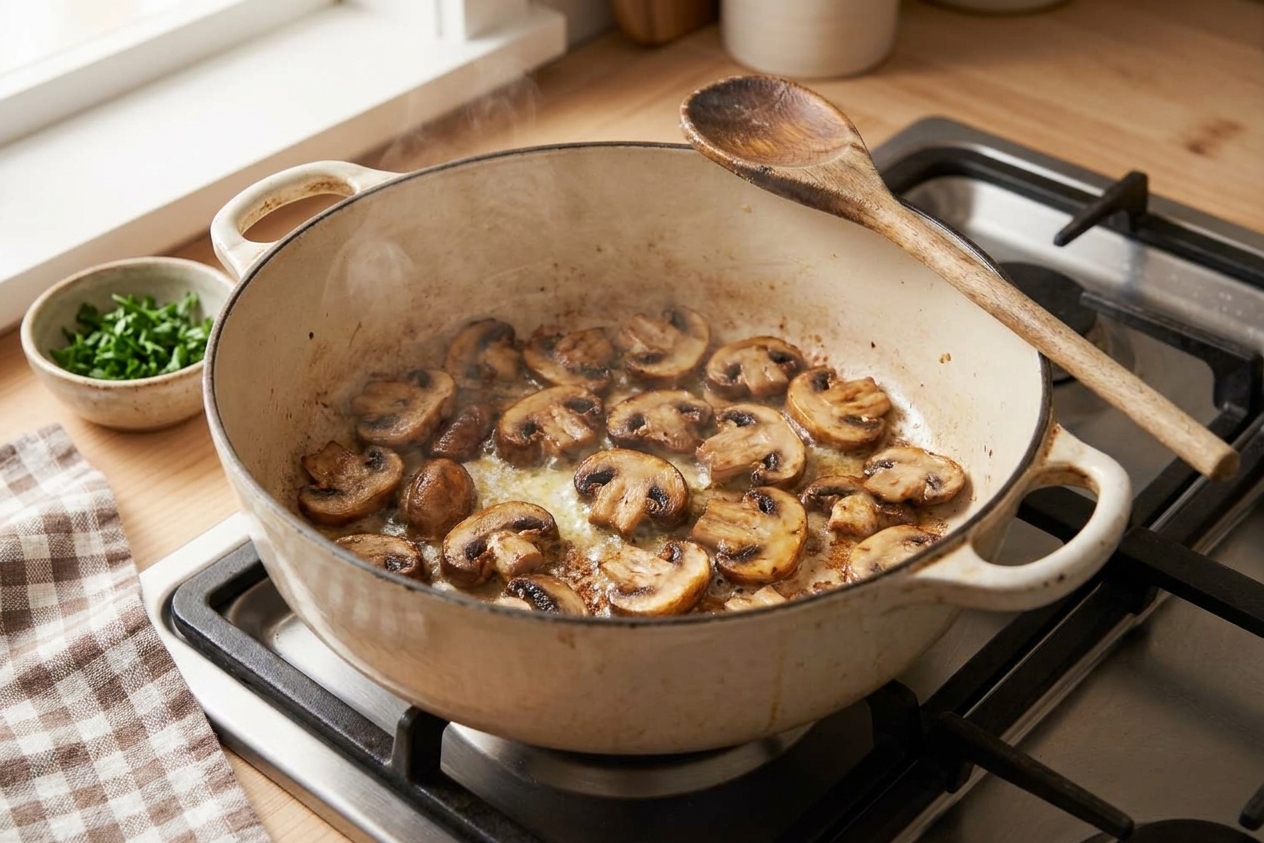 Sliced mushrooms browning in a Dutch oven on a stovetop with a wooden spoon resting on the rim
