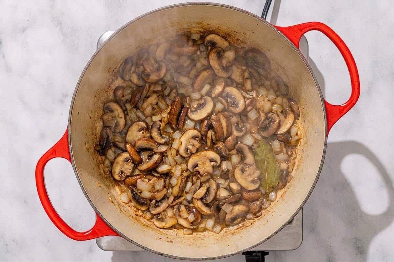 Sliced mushrooms browning in a heavy pot on the stovetop with onions mixed in, steam rising in warm kitchen light