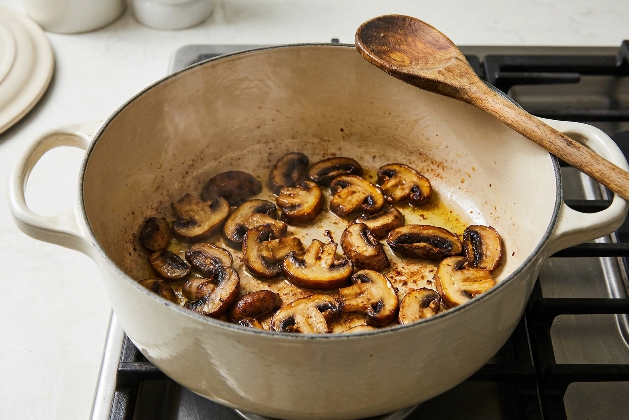 Sliced mushrooms browning in a large Dutch oven with caramelized edges, wooden spoon resting on the pot rim