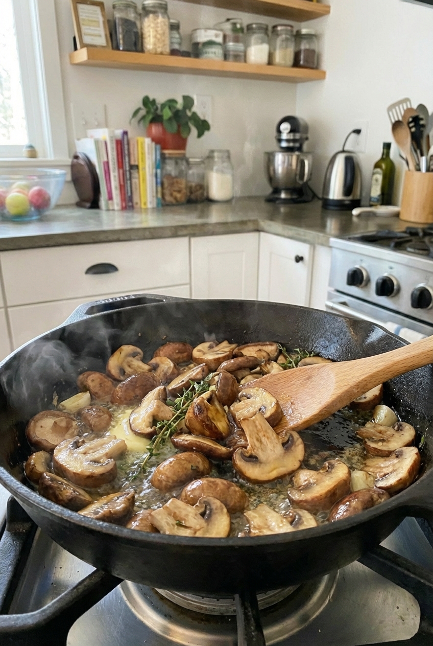 Sliced mushrooms browning in a skillet with a glossy finish