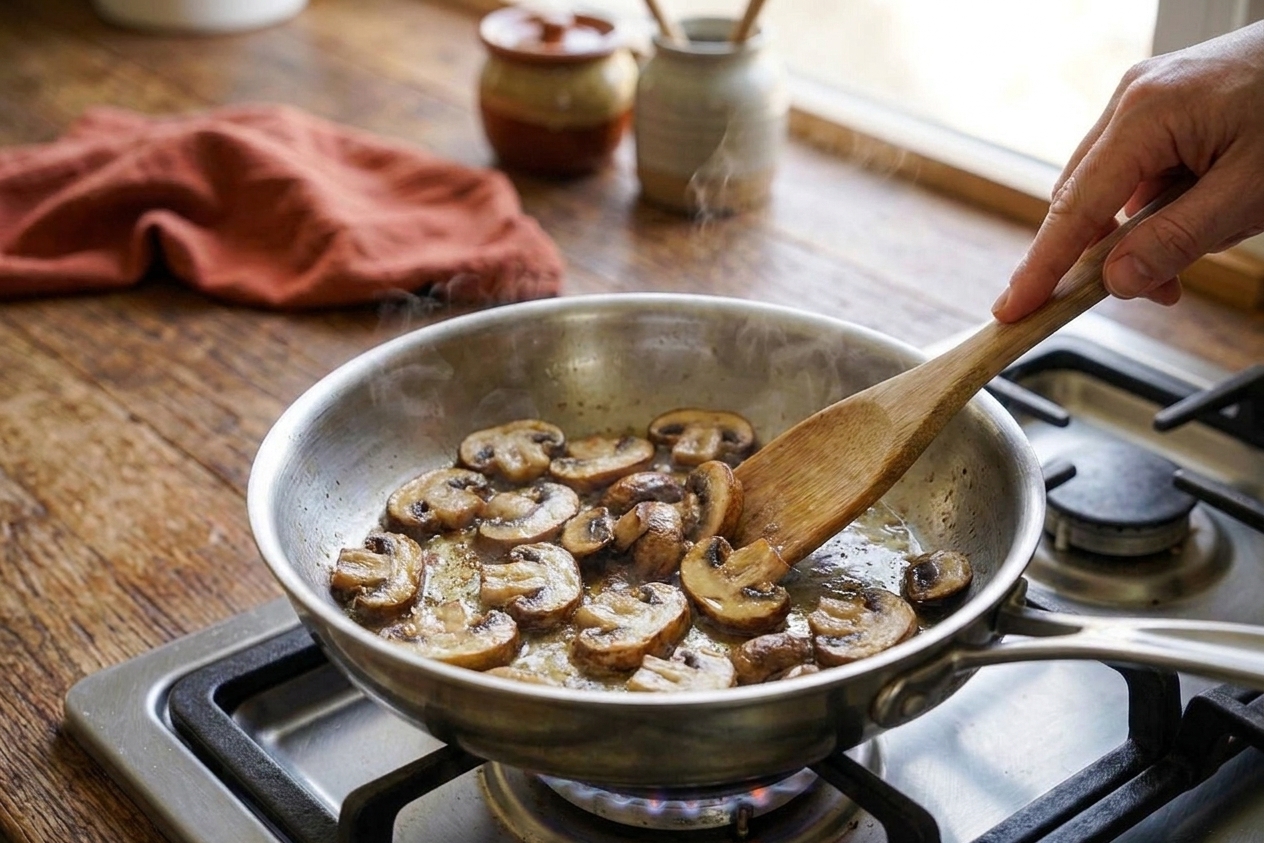 Sliced mushrooms browning in a skillet with golden edges on a stovetop
