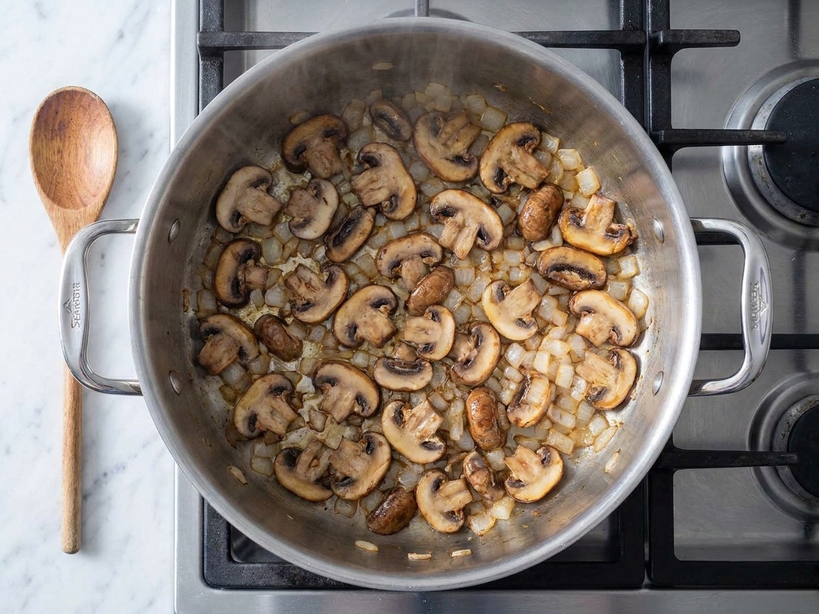 Sliced mushrooms browning in butter with onions in a stainless steel pot on a stovetop, showing golden edges and light steam rising