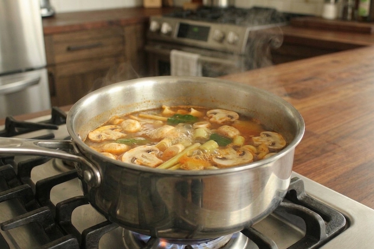 Sliced mushrooms floating in a simmering tom yum broth inside a stainless steel pot
