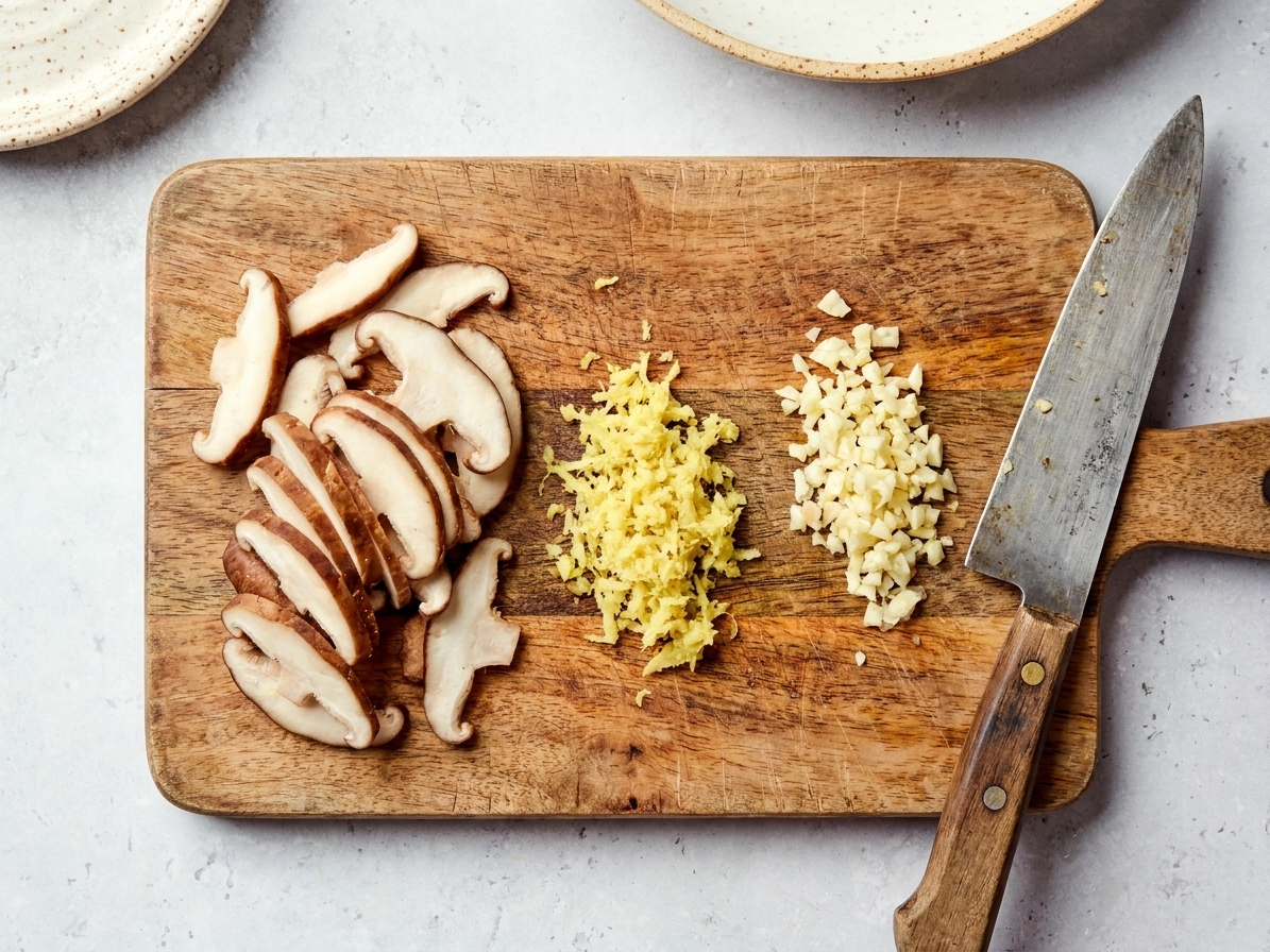 Sliced mushrooms, grated ginger, and minced garlic on a wooden cutting board beside a chef's knife