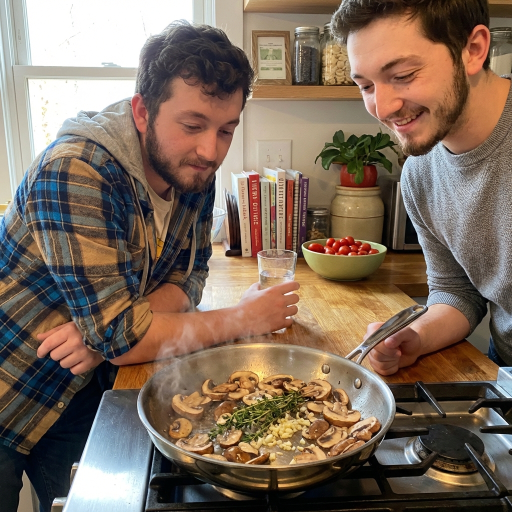 Sliced mushrooms sautéing in a stainless steel skillet with garlic and thyme, steam rising in a cozy kitchen