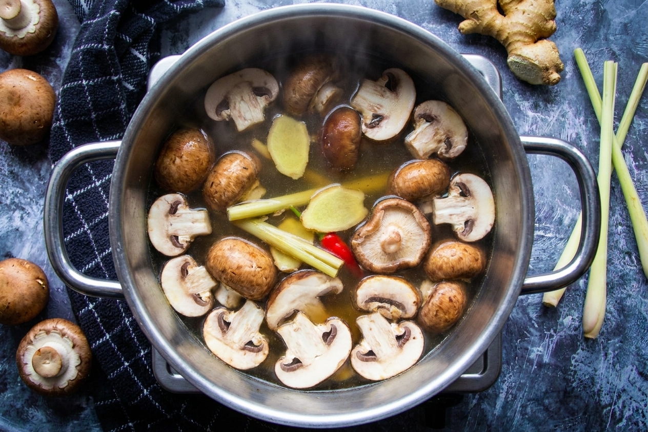 Sliced mushrooms simmering in a clear aromatic broth in a stainless steel pot