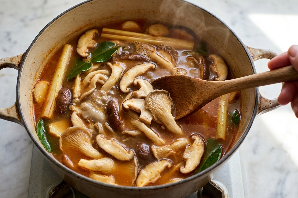 Sliced mushrooms simmering in a fragrant tom yum broth with lemongrass