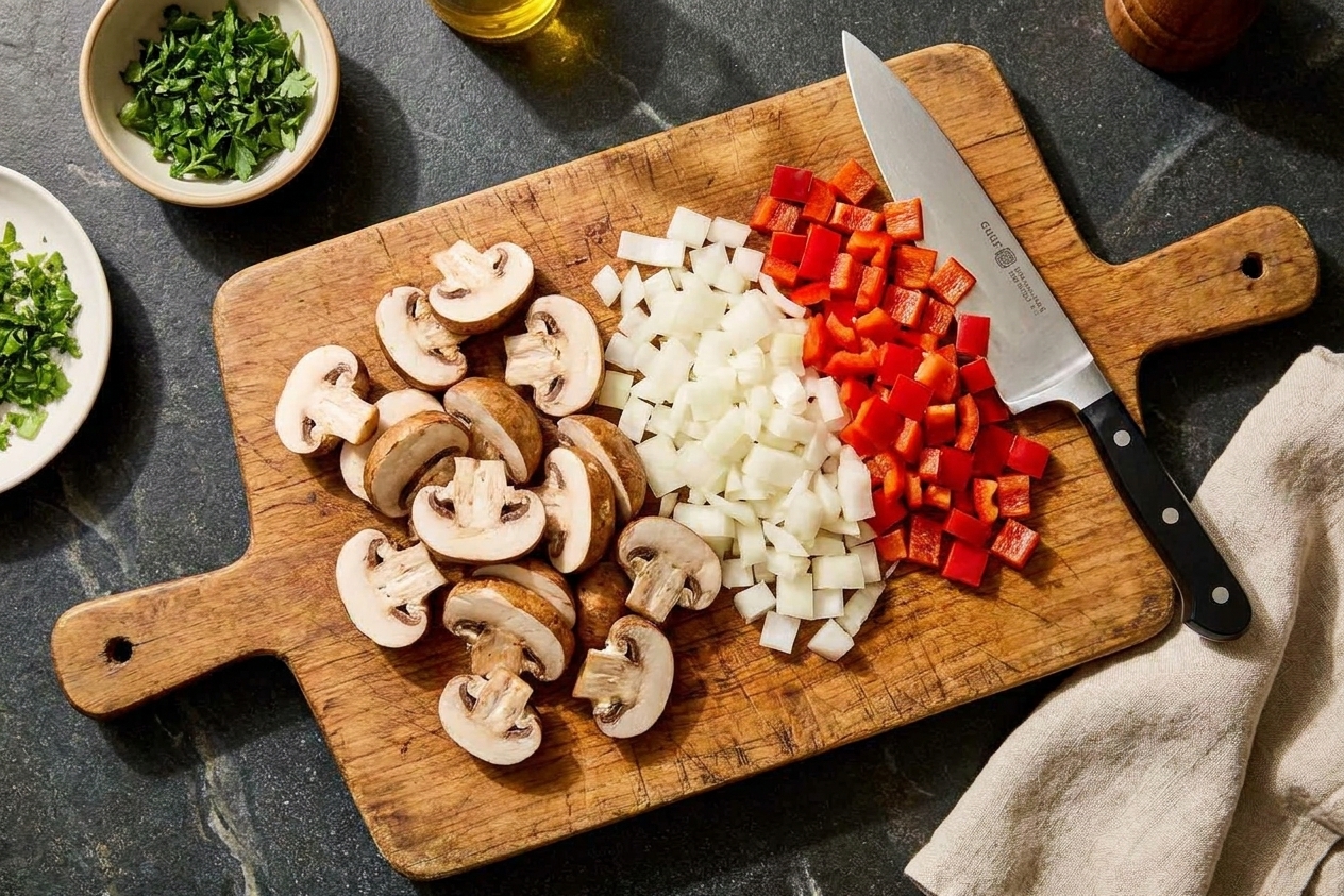Sliced mushrooms with diced onion and red bell pepper prepped on a cutting board on a kitchen counter