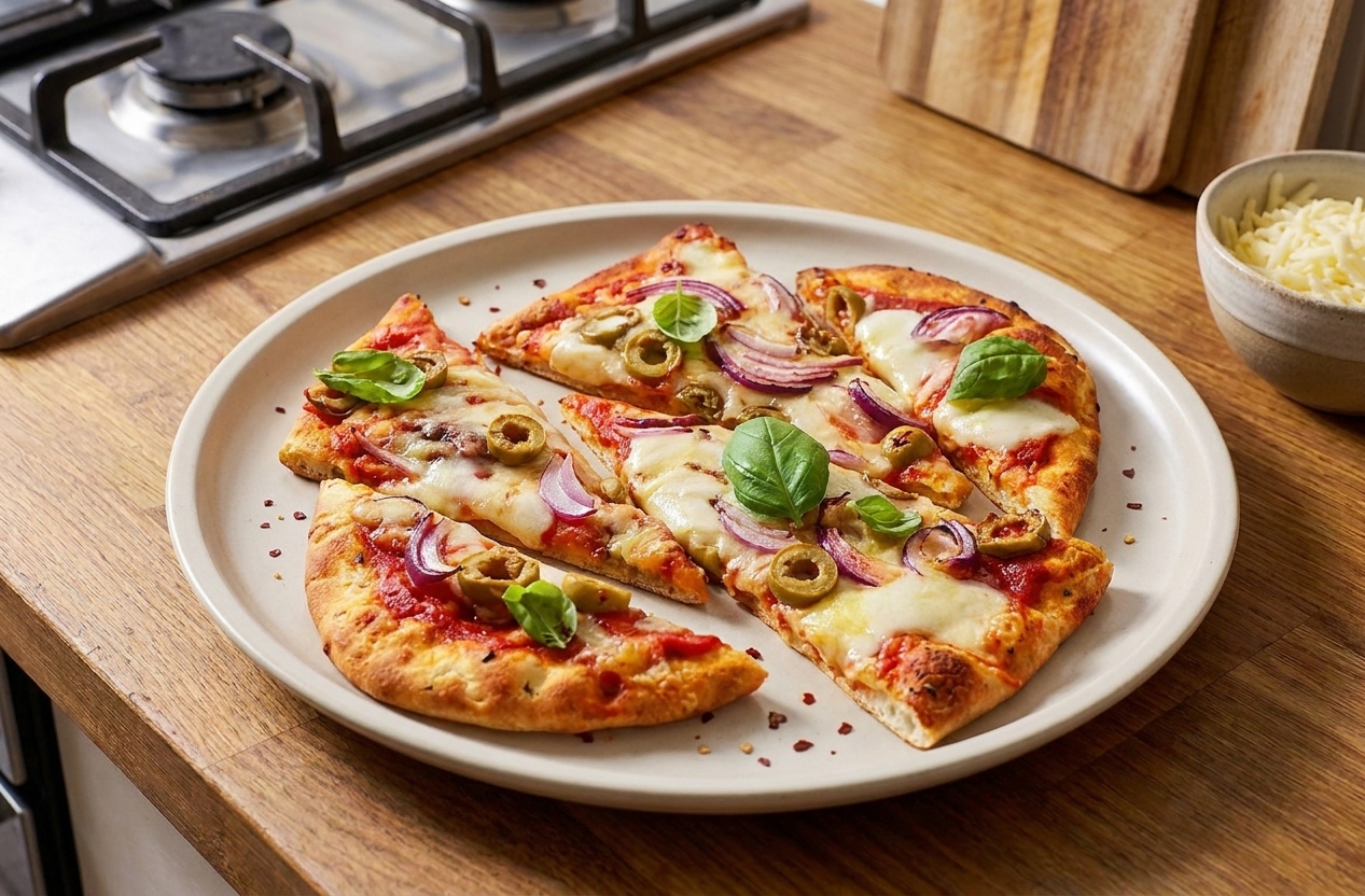 Sliced naan pizza on a simple plate with basil scattered on top