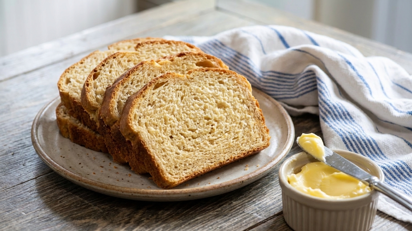 Sliced no yeast skillet bread stacked on a plate with a small dish of butter on a wooden table