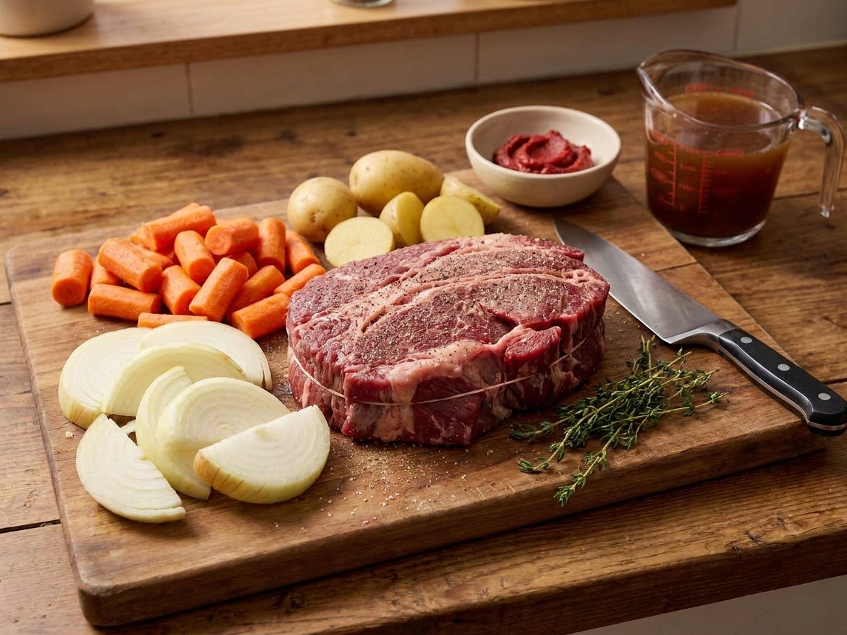 Sliced onion, carrots, potatoes, thyme, tomato paste, broth, and a chuck roast arranged on a cutting board and countertop