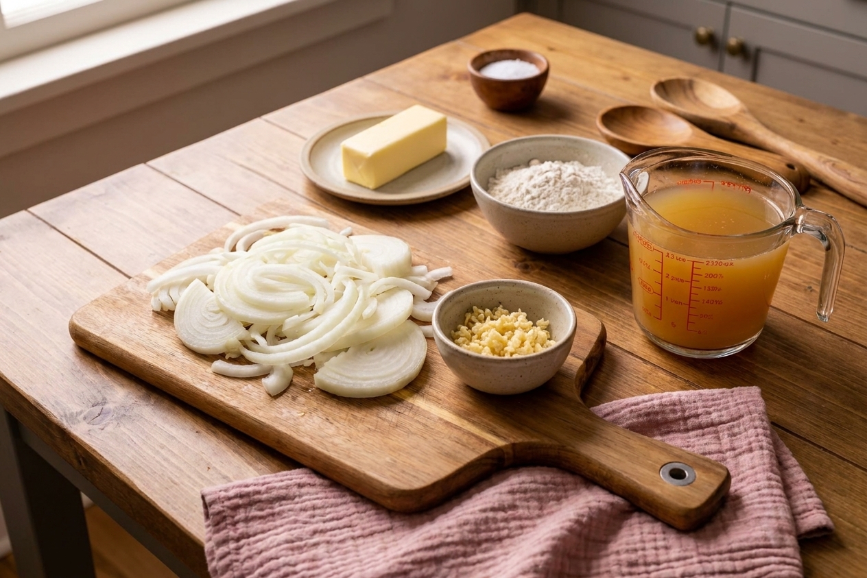 Sliced onion, minced garlic, butter, flour, and a measuring cup of broth arranged on a kitchen counter