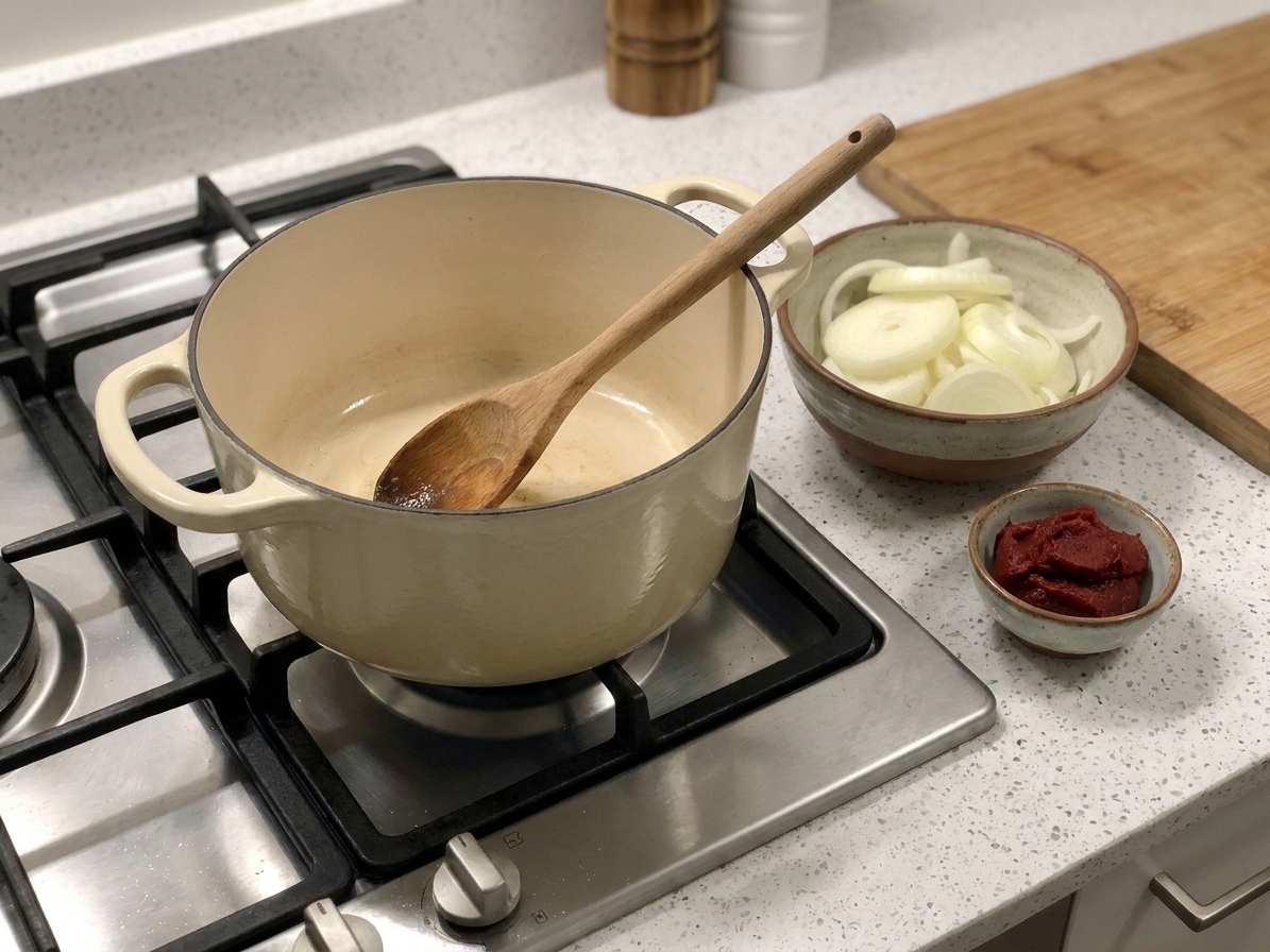 Sliced onions and a spoonful of tomato paste set beside a Dutch oven on the stove, ready for the gravy base