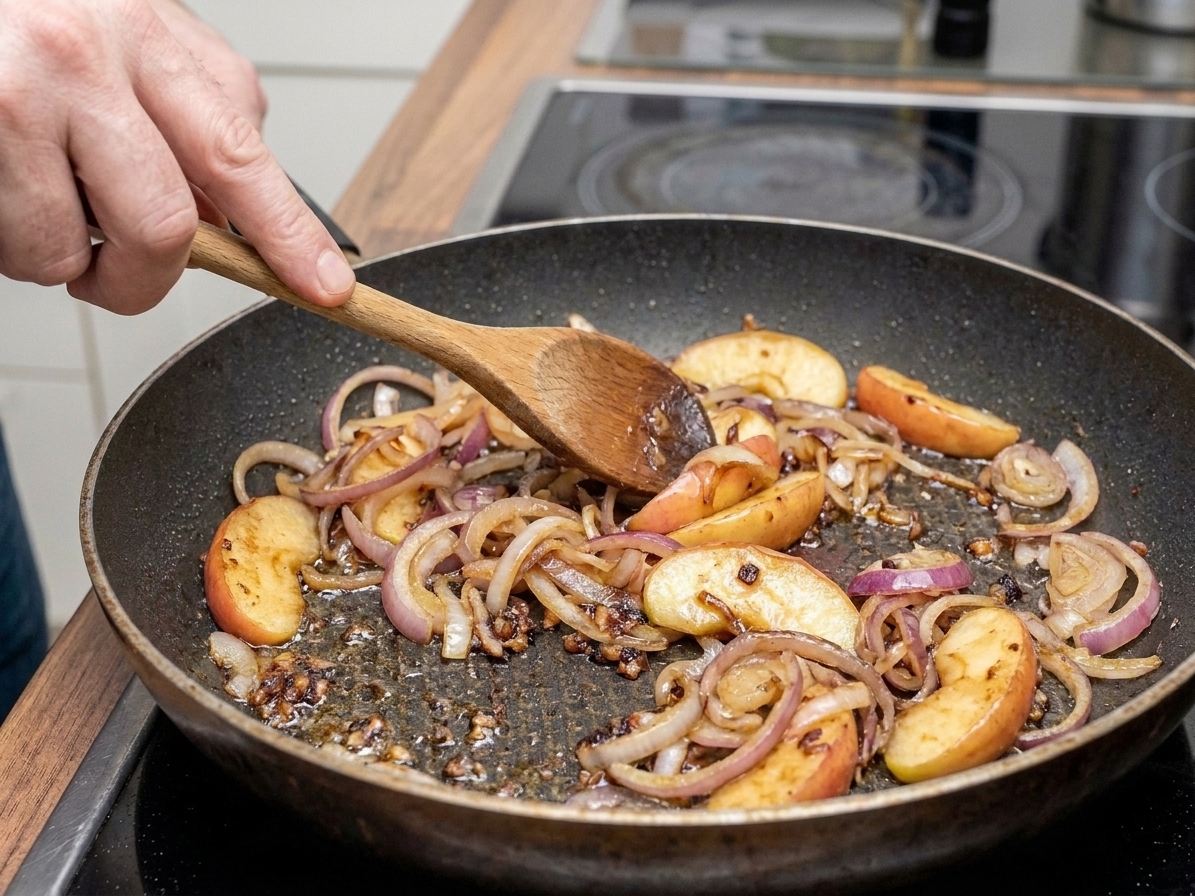 Sliced onions and apples sautéing in the same skillet with browned bits, wooden spoon stirring