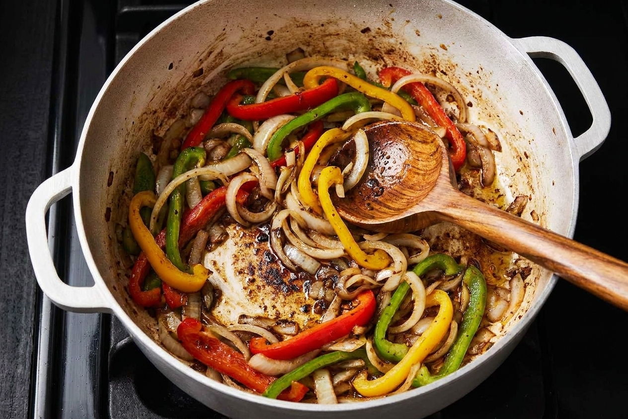 Sliced onions and bell peppers sautéing in a pot with browned bits on the bottom, being stirred with a wooden spoon