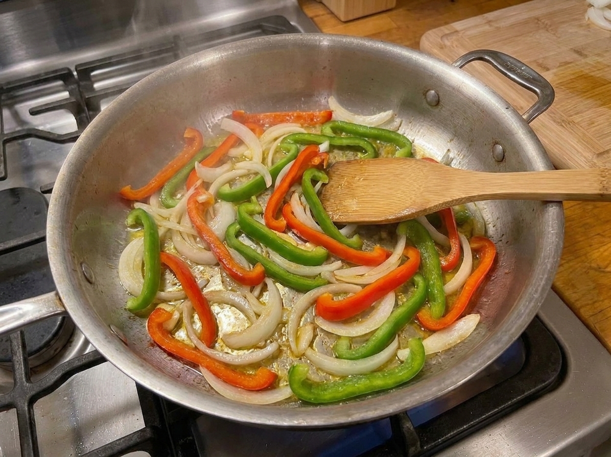 Sliced onions and bell peppers sautéing in a skillet until softened and glossy