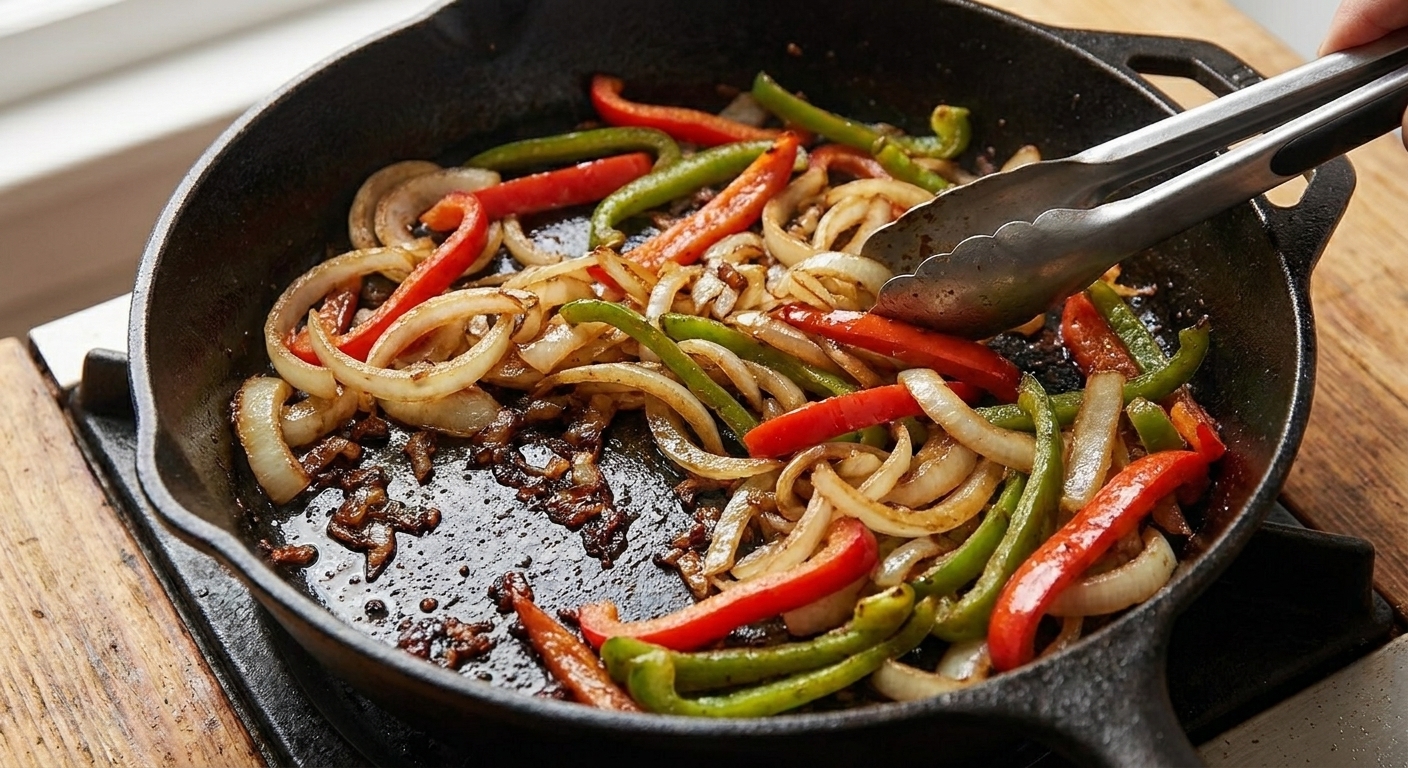 Sliced onions and bell peppers sautéing in the same skillet with browned bits on the pan surface