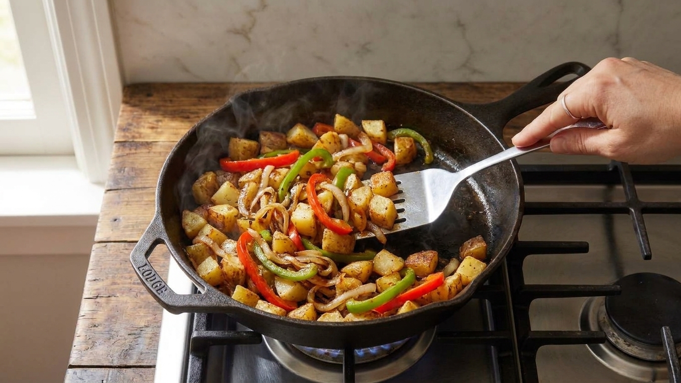 Sliced onions and bell peppers sautéing with crispy potatoes in a cast iron skillet