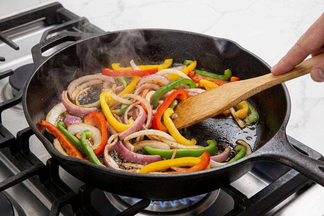 Sliced onions and bell peppers sizzling in a cast iron skillet on a stovetop