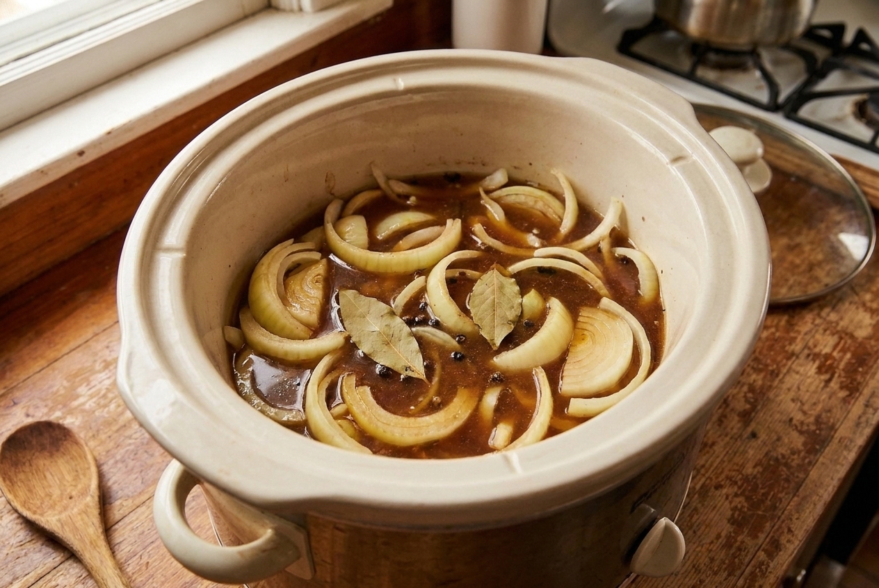 Sliced onions and broth mixture in the bottom of a slow cooker crock, ready for the pork