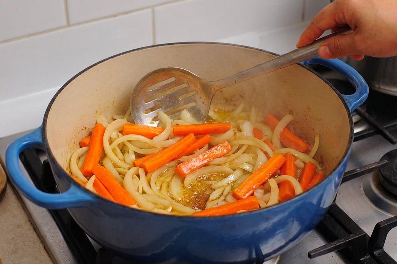 Sliced onions and carrot batons sautéing in a large pot, glossy with oil and starting to soften