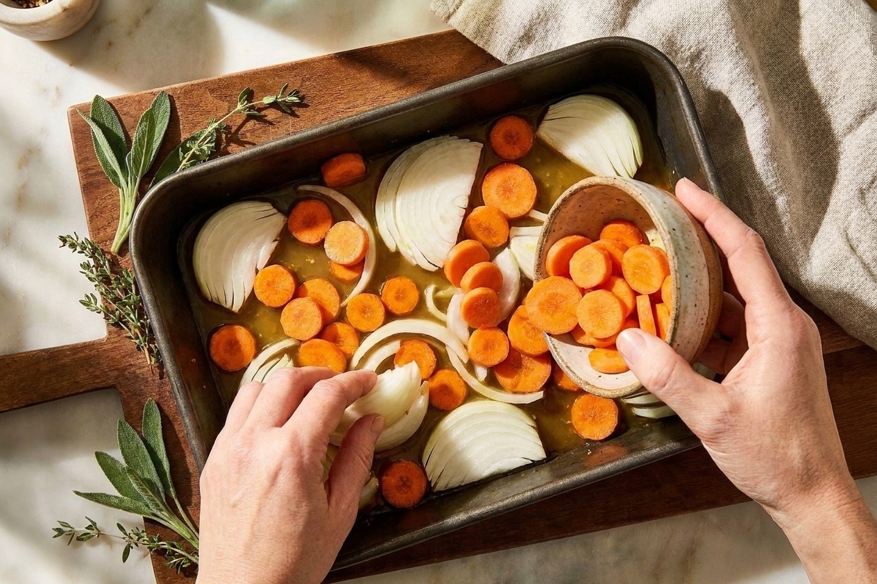 Sliced onions and carrot coins spread across the bottom of a roasting pan with a small amount of broth
