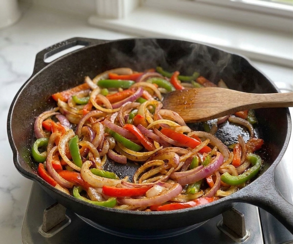 Sliced onions and chopped bell peppers sautéing in a skillet until softened and lightly caramelized