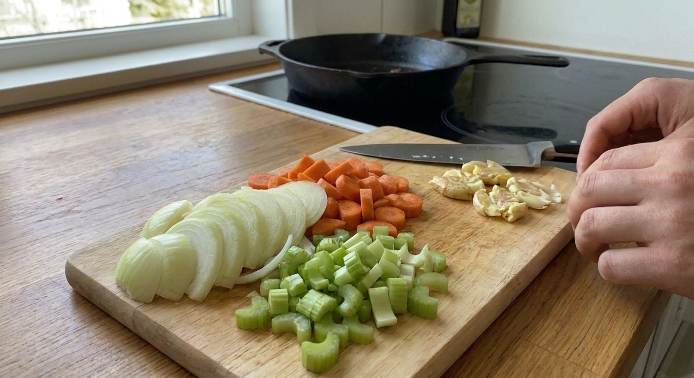 Sliced onions and chopped carrots and celery on a cutting board next to smashed garlic, ready for braising
