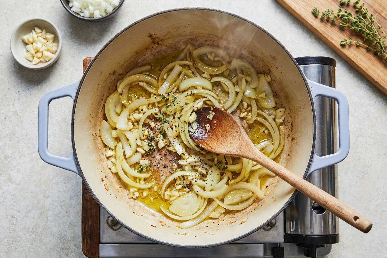 Sliced onions and chopped garlic sauteing in a Dutch oven, turning glossy and soft on the stovetop