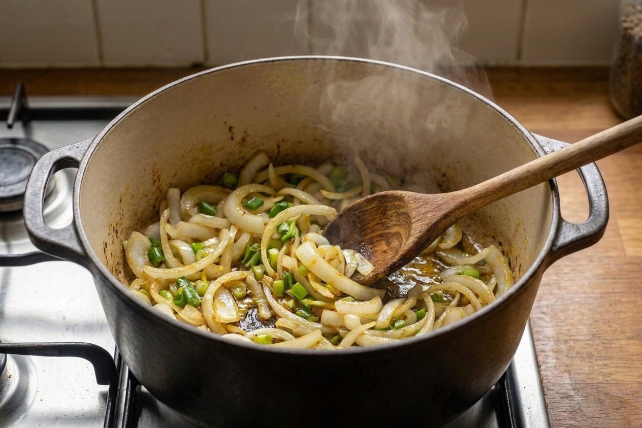 Sliced onions and chopped scallions sautéing in a Dutch oven with a spoon stirring, stovetop cooking action
