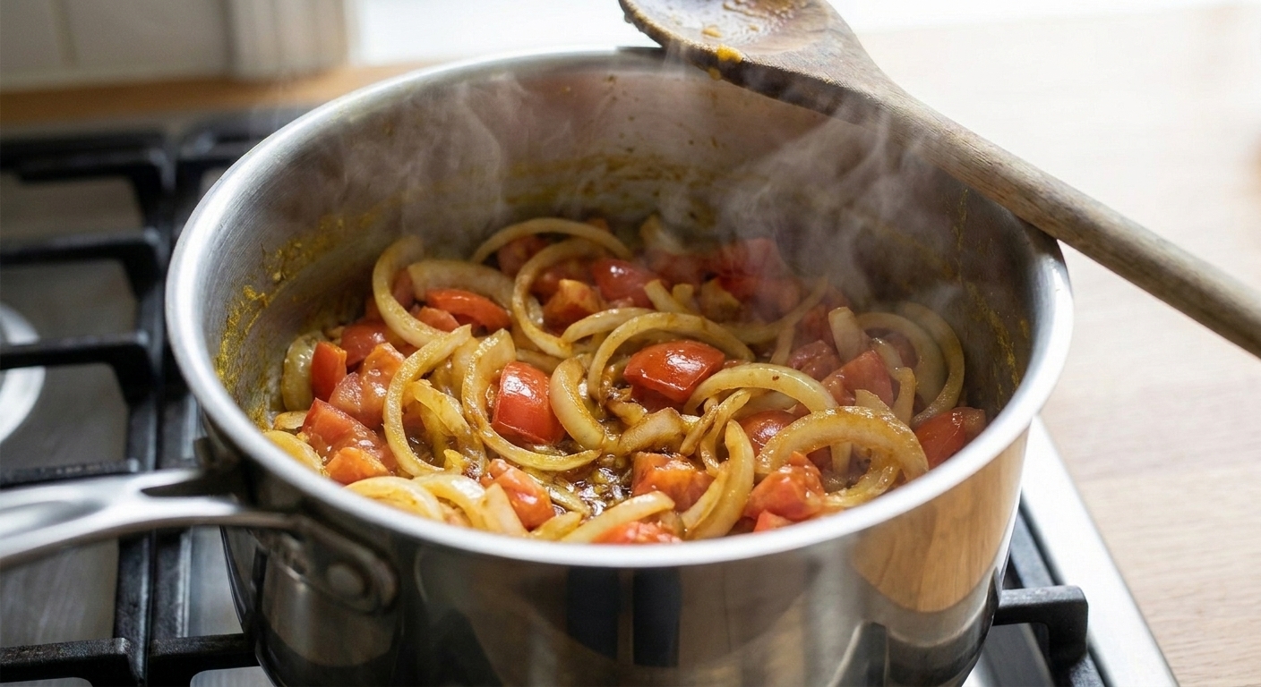 Sliced onions and chopped tomatoes sautéing in a pot on the stove with light steam rising