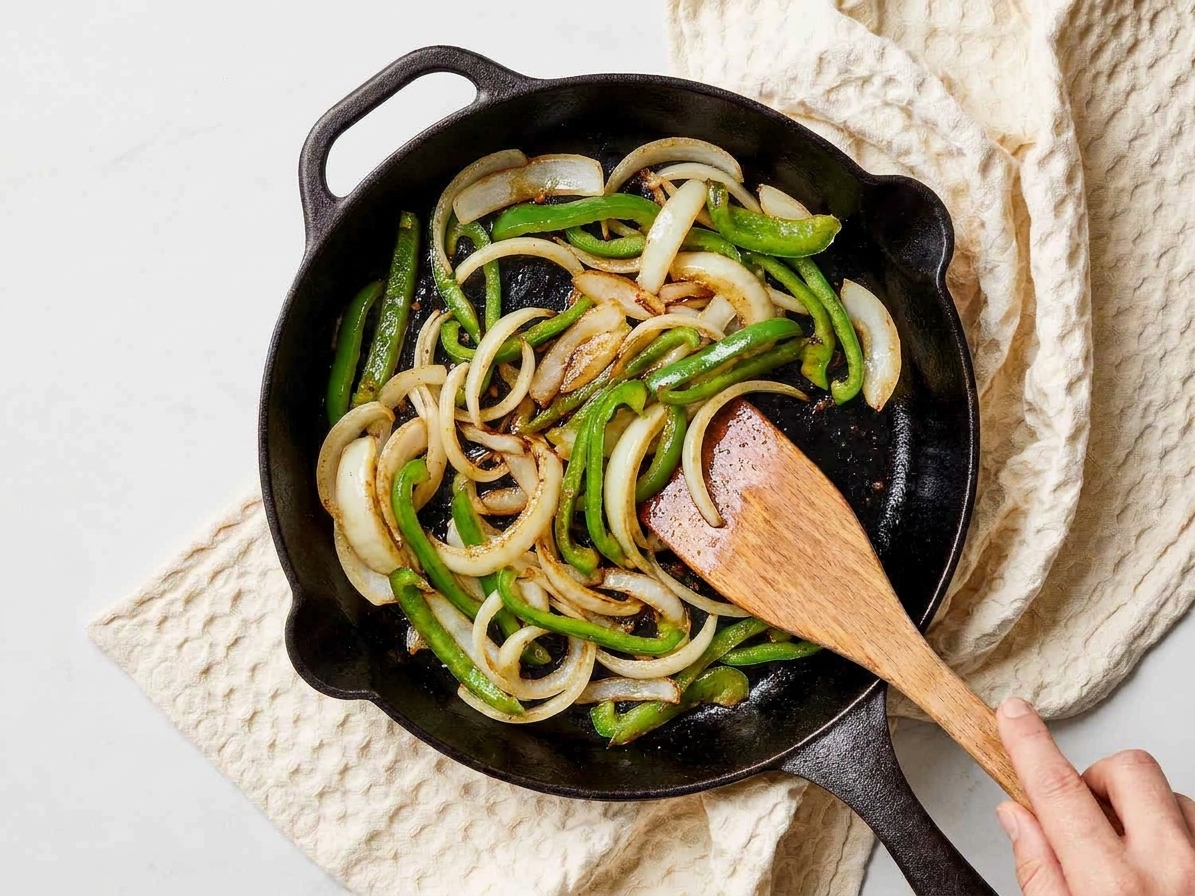 Sliced onions and green bell peppers sautéing in a skillet, turning glossy and lightly browned