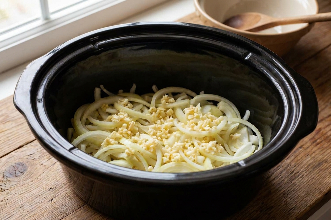 Sliced onions and minced garlic layered in the bottom of a slow cooker insert on a kitchen counter