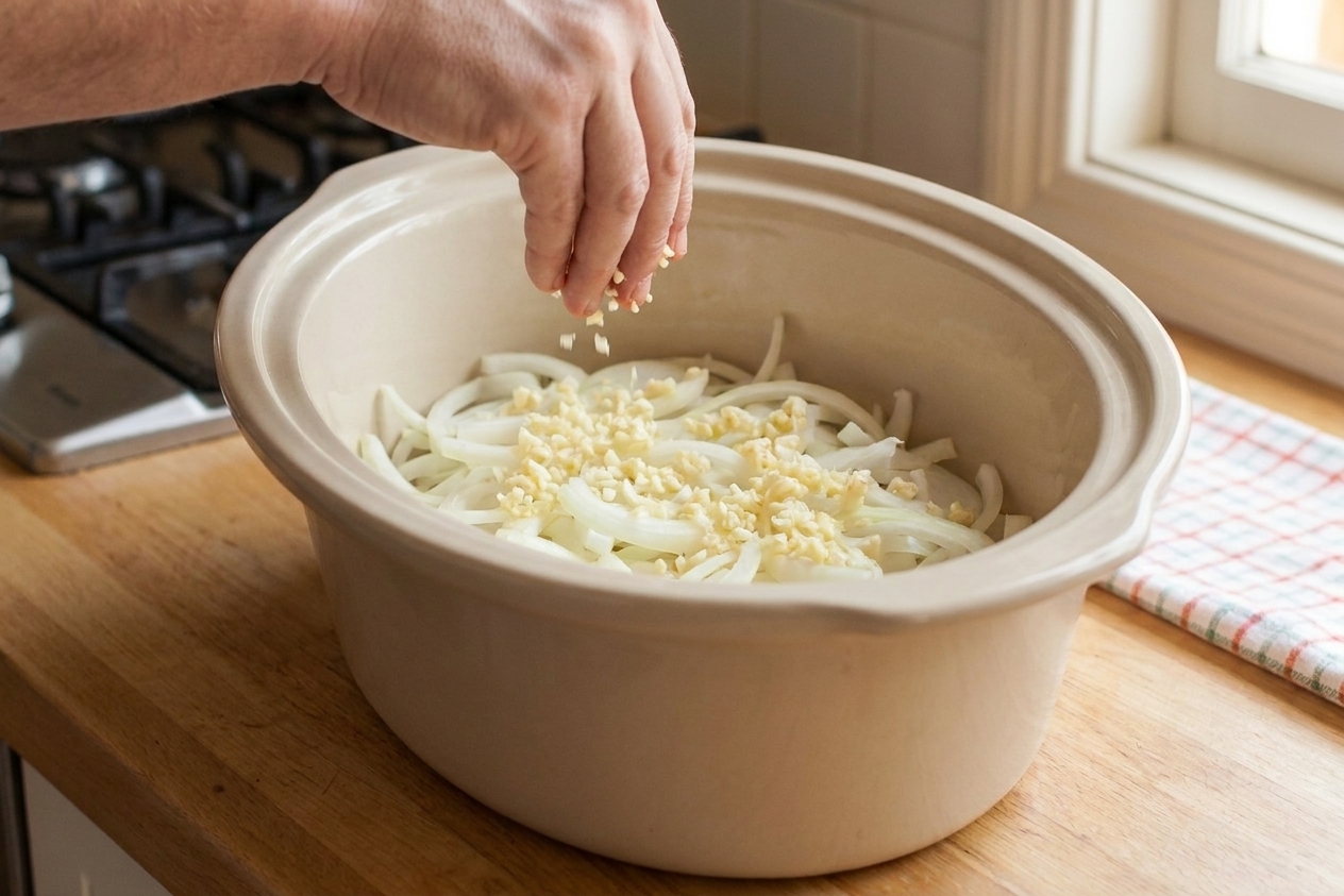 Sliced onions and minced garlic layered in the bottom of a slow cooker insert on a kitchen counter