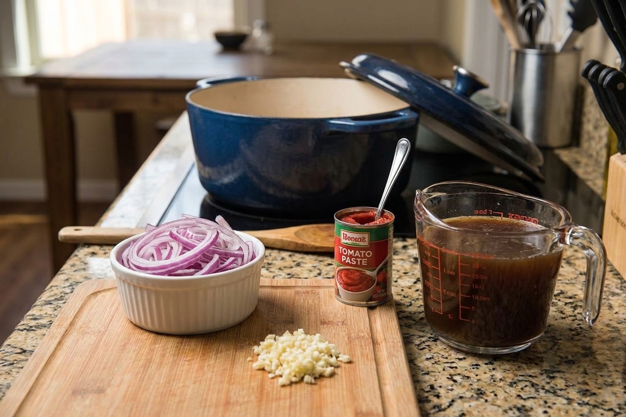 Sliced onions and minced garlic next to tomato paste and beef broth on a kitchen counter, ready for cooking